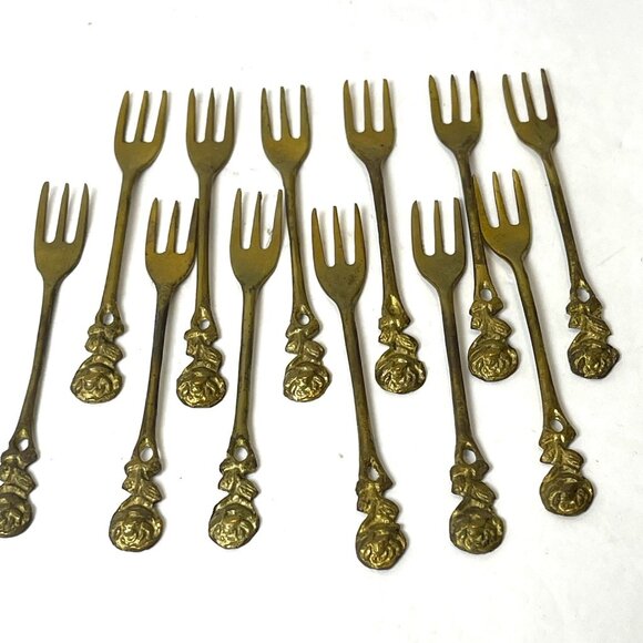 Forks Gold Tone Brass Cocktail Dessert Cake Lot Rose Handles Set Of 12 Vintage - Picture 1 of 9